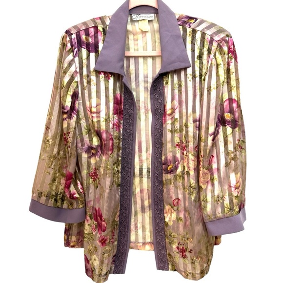 Vintage 90s DRESS BARN WOMAN Organza Rose Open Front Sheer Jacket Sz 14 L/XL - Picture 2 of 9